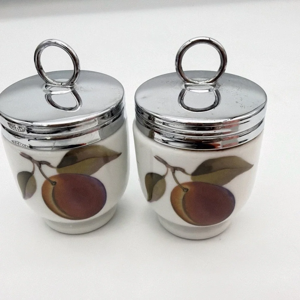 Royal Worcester Evesham Gold Egg Coddlers Porcelain Fruit Motif Lids